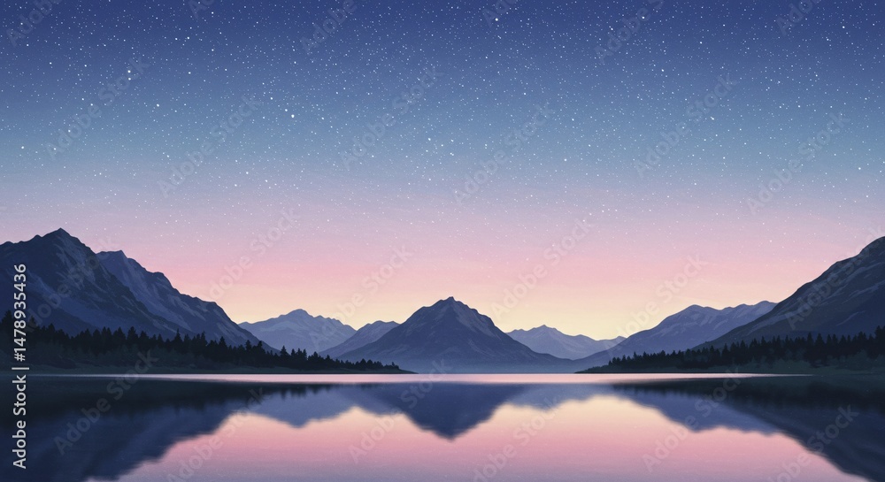 Fototapeta premium Serene Mountain Lake at Sunset with Starry Sky Reflection