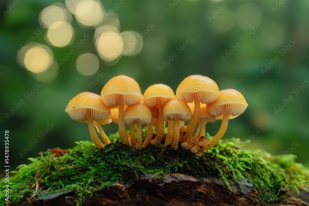 Fototapeta premium Cluster of small, pale yellow mushrooms on mossy log in forest. Soft, diffused light illuminates the cluster, creating a serene and natural scene