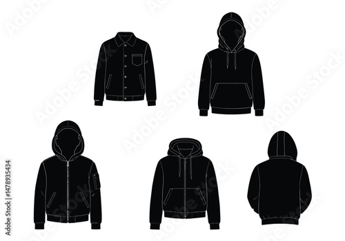 Jacket silhouettes. This image showcases a jacket silhouettes design, featuring various outerwear styles like coats, blazers, and hoodies. Vector clipart illustration design.