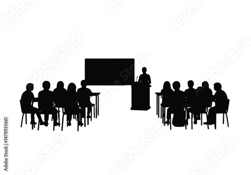 Classroom silhouette. A black silhouette of a classroom setting with students and a teacher, symbolizing education, learning, and knowledge sharing. Vector clipart illustration design.