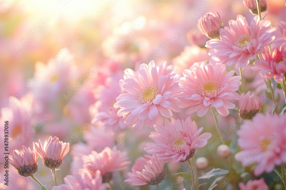 Delicate pink flowers bathed in golden sunlight. A field of blooming chrysanthemums Delicate pink flowers bathed in golden sunlight. A field of blooming chrysanthemums
