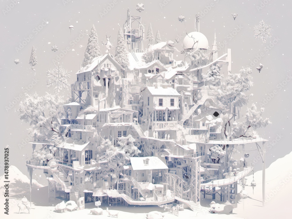 Whimsical snow-covered village nestled among trees and hills Whimsical snow-covered village nestled among trees and hills