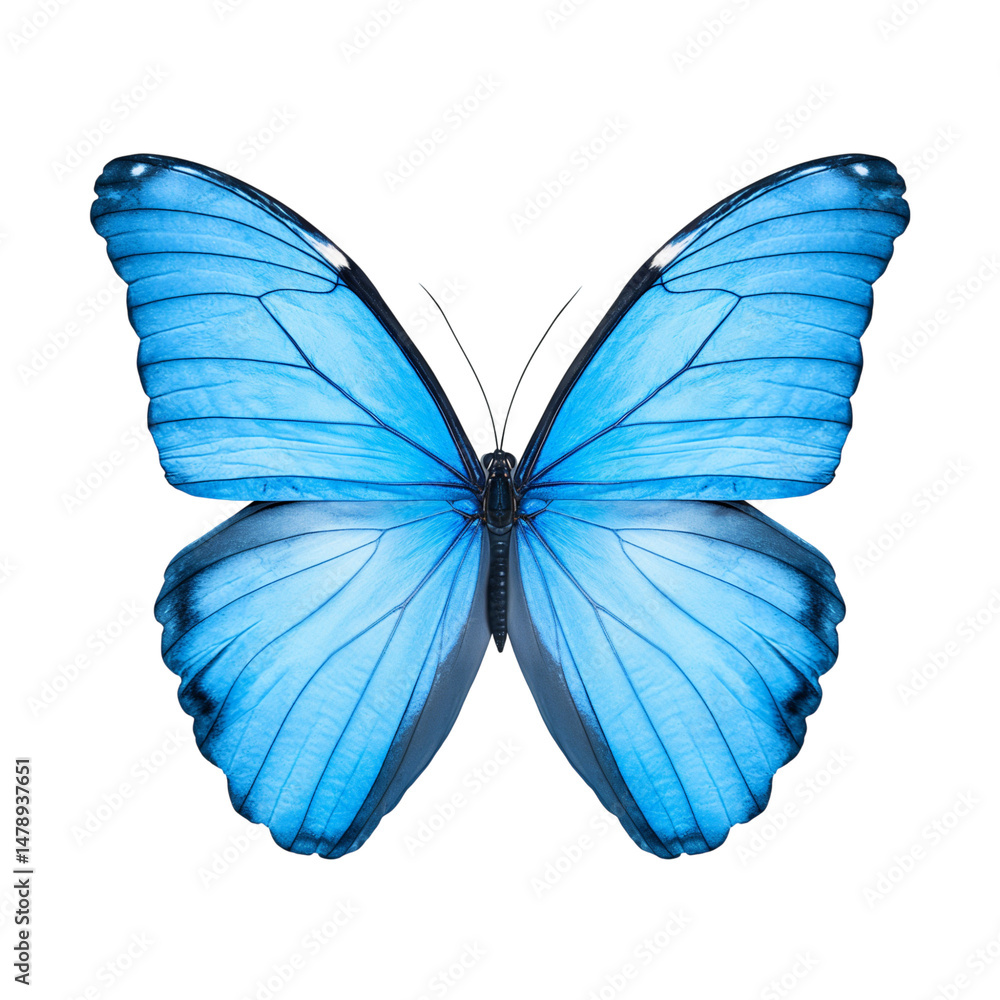 Fototapeta premium Striking close up of a beautiful blue butterfly displaying delicate wing details against a black background