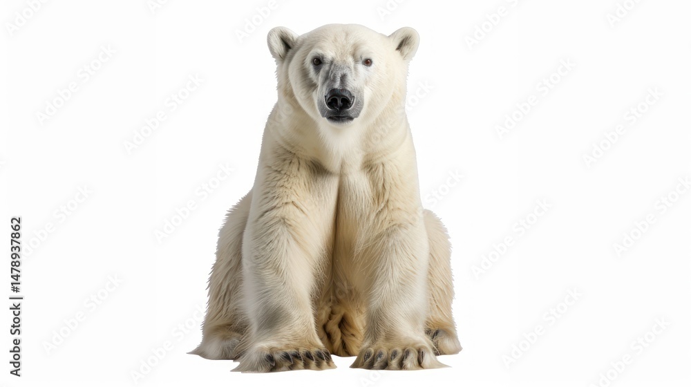 Obraz premium Polar bear, full shot, seated, against white background. Powerful, robust, and majestic creature