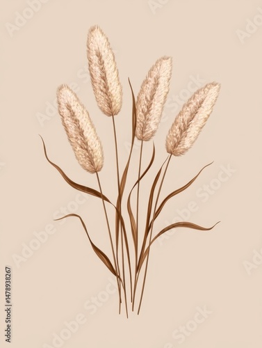 Elegant Illustration of Four Beige Foxtail Plants on a Neutral Background in a Minimalist Style for Wall Art and Decor