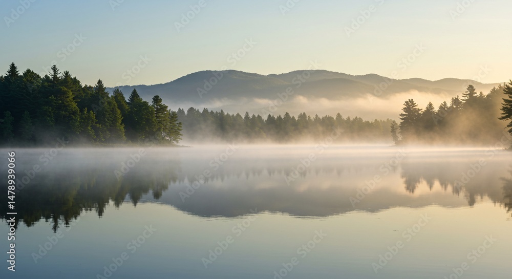 Fototapeta premium Serene Sunrise over Misty Lake and Mountain Reflections