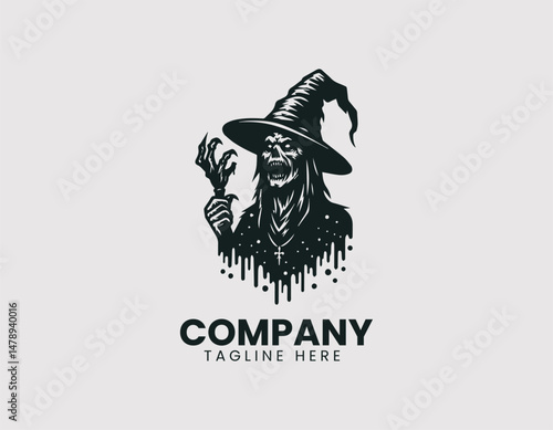 Scary Evil Witch Figure with Warts Pointed Hat Staff Vector Logo Design, Creepy Wicked Witch Warts Pointed Hat Wand Vector Logo