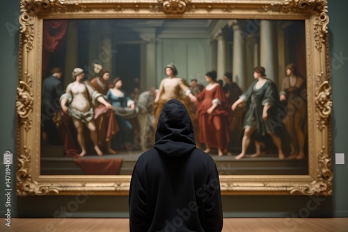Wallpaper Mural A person in a black hoodie stands in front of a large, classical painting inside an art museum, contemplating the historic artwork in a quiet, culturally rich gallery space.

 Torontodigital.ca