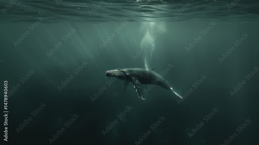 Fototapeta premium A whale swims through the deep blue ocean, sunlight shining through the water above