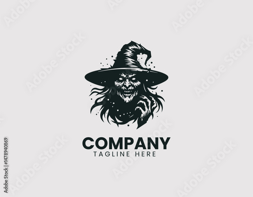 Scary Evil Witch Figure with Warts Pointed Hat Staff Vector Logo Design, Creepy Wicked Witch Warts Pointed Hat Wand Vector Logo