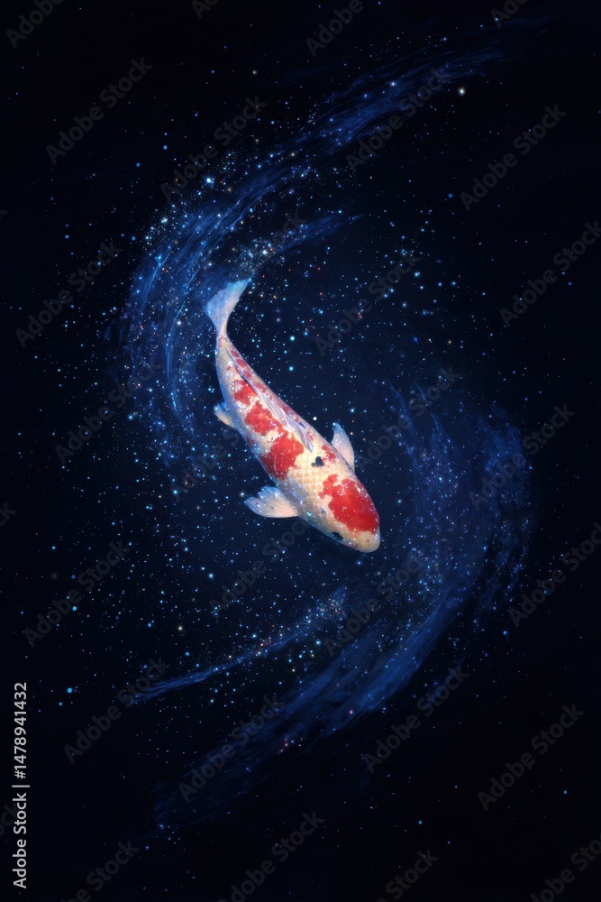 Giant Koi Fish Swimming Through Starry Night Sky, Trails of Stardust Following Behind Giant Koi Fish Swimming Through Starry Night Sky, Trails of Stardust Following Behind