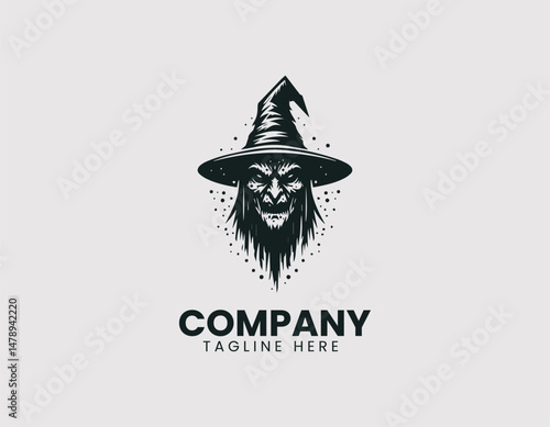 Scary Evil Witch Figure with Warts Pointed Hat Staff Vector Logo Design, Creepy Wicked Witch Warts Pointed Hat Wand Vector Logo