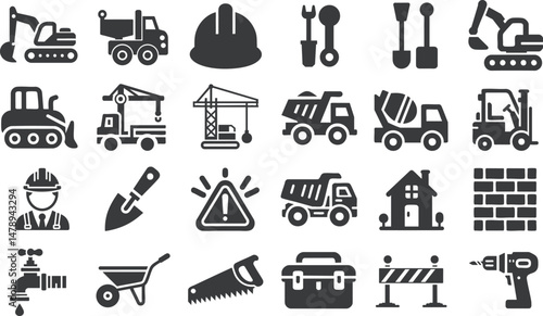 Construction Icons Set. Flat Black Construction Tools, Vehicles, and Worker Symbols. Includes Digger, Mixer Truck, Hard Hat, Forklift, Toolbox, Saw, Barrier, Shovel, and Safety Icons