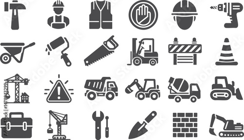 Construction Icons Set. Flat Black Construction Tools, Vehicles, and Worker Symbols. Includes Digger, Mixer Truck, Hard Hat, Forklift, Toolbox, Saw, Barrier, Shovel, and Safety Icons