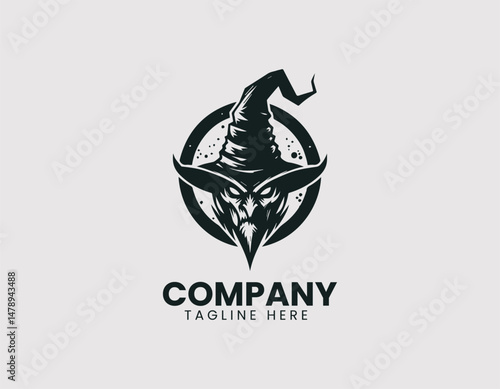 Scary Evil Witch Figure with Warts Pointed Hat Staff Vector Logo Design, Creepy Wicked Witch Warts Pointed Hat Wand Vector Logo