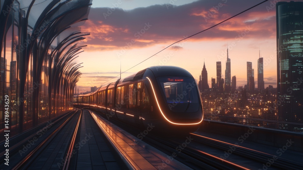 Fototapeta premium Sleek electric train gliding through an urban skyline at sunset, with city lights starting to glow, showcasing modern transportation in a vibrant cityscape