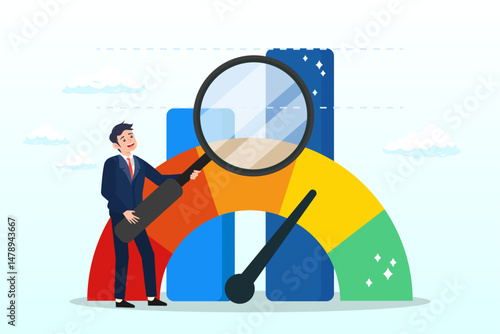 Businessman magnify benchmark metric graph scale, benchmark performance or KPI key performance indicator, metrics or measurement to measure success, result evaluation, analysis or comparison concept