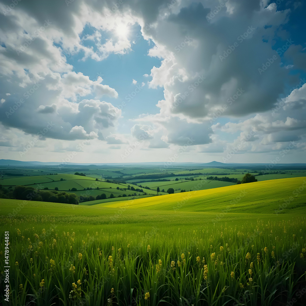 Fototapeta premium A dramatic scene of lush green fields at the mountain base,