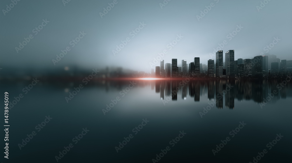 Fototapeta premium City Skyline Silhouette in Mist: A breathtaking cityscape silhouette is veiled in a gentle mist, a vibrant sunrise glows, creating a surreal panorama. Evoking a sense of mystery. 