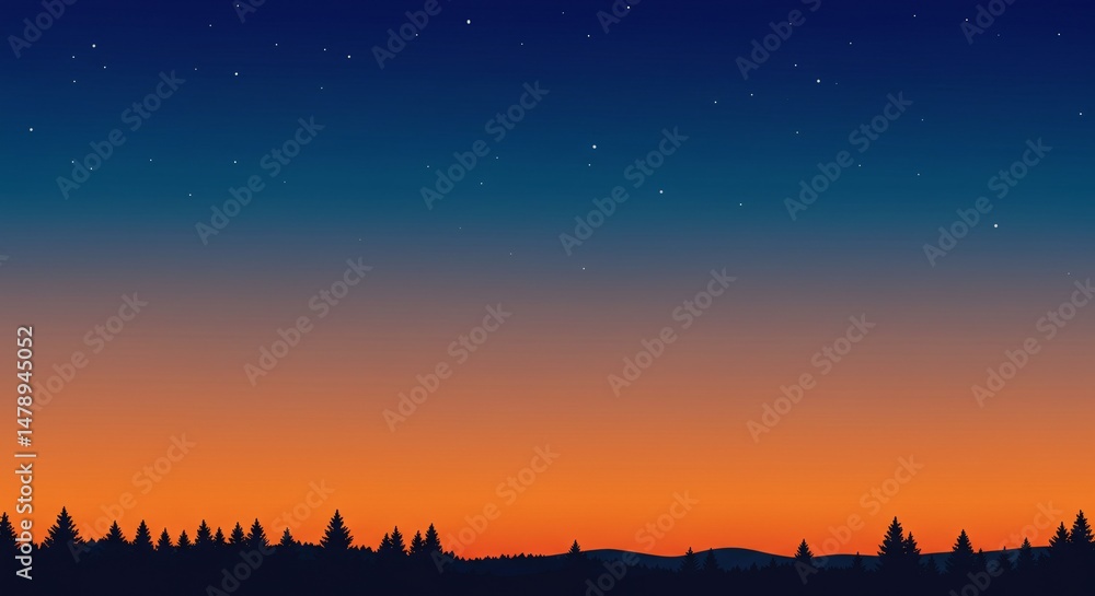 Fototapeta premium Serene Sunset Landscape Silhouette of Trees Against a Vibrant Twilight Sky
