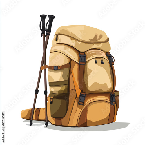 a camping backpack with trekking pole