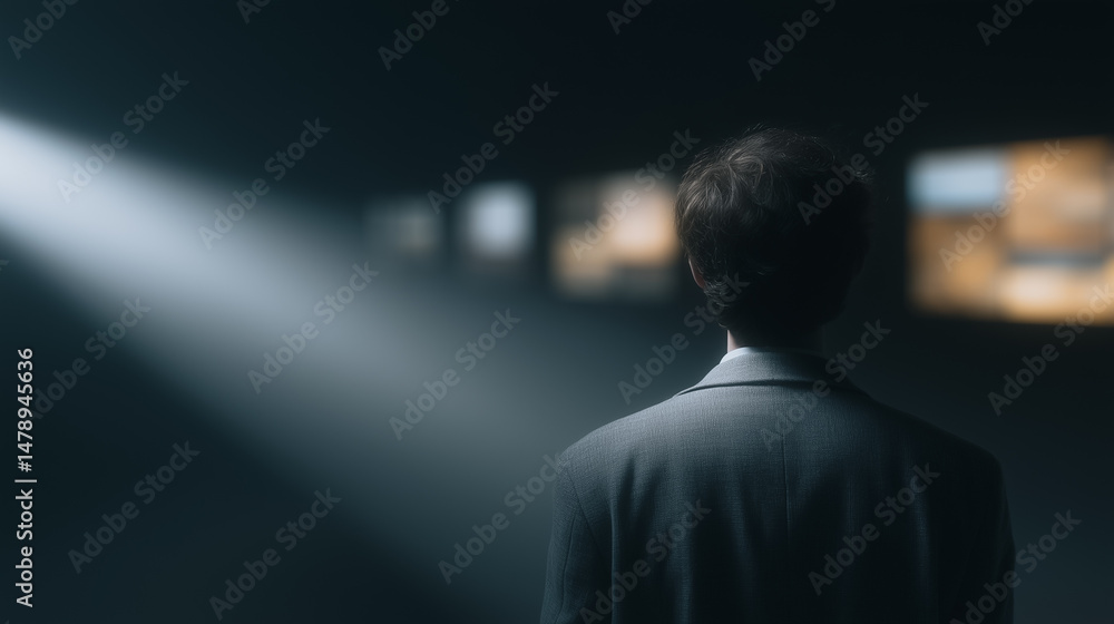 Fototapeta premium Mysterious Observer: A contemplative figure stands in a dimly lit space, illuminated by a beam of light, gazing towards screens.