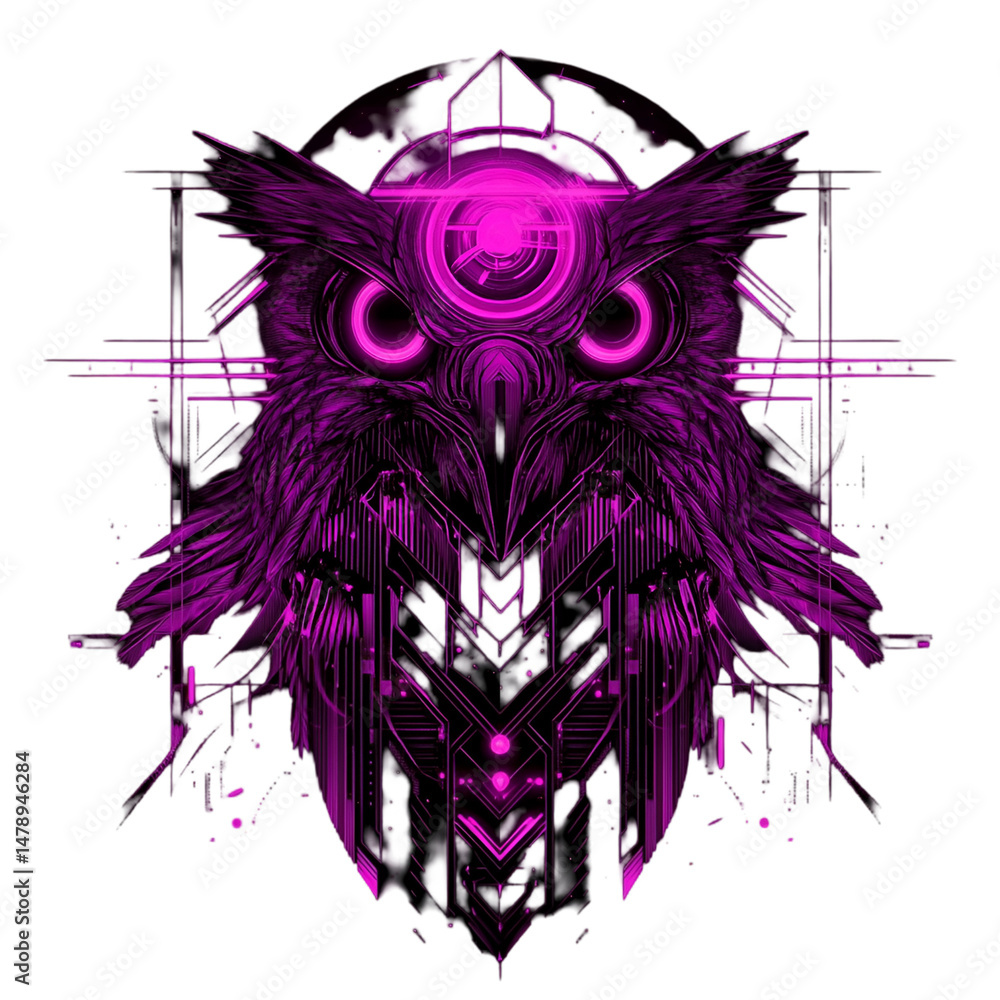 Obraz premium Futuristic digital owl art abstract design graphic illustration neon colors close-up technology concept