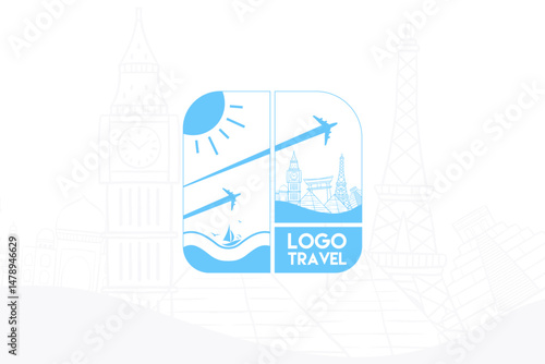 Modern travel logo featuring airplane flight path over global landmarks including Big Ben, Eiffel Tower, pyramids, and sailboat
