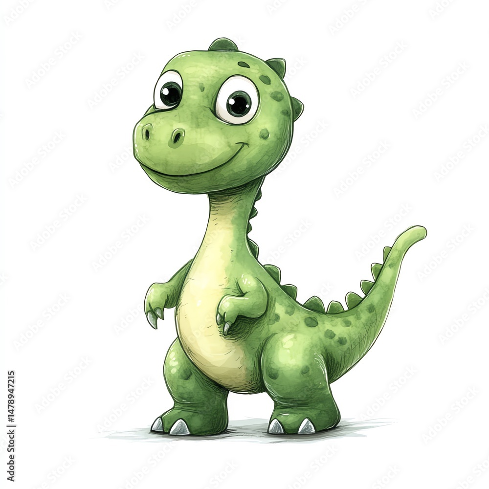 Fototapeta premium Adorable baby dinosaur illustration, cheerful and friendly, standing on a white background. Watercolor style.