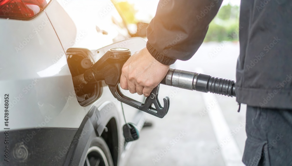Obraz premium Person Refueling a Car at a Gas Station Close up of Hand Holding Fuel Nozzle