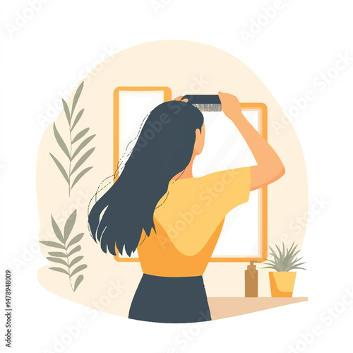 a combing hair in front of a minimalist mirror