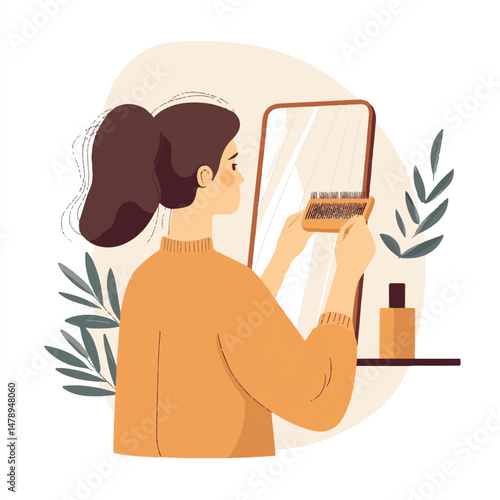 a combing hair in front of a minimalist mirror