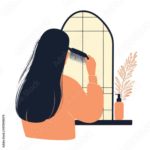 a combing hair in front of a minimalist mirror
