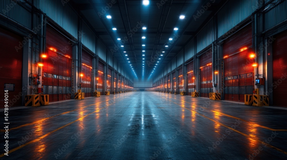 Fototapeta premium Industrial Warehouse Interior: Night Lights and Red Doors