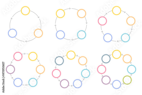 Six blank circle diagram templates set - 3, 4, 5, 6, 7 and 8 parts, circle infographics set, vector eps10 illustration