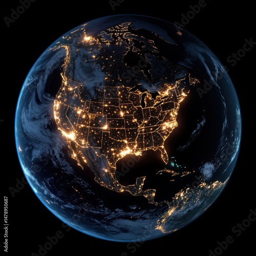 Earth at Night View of North America from Space Showing City Lights and Atmospheric Clouds