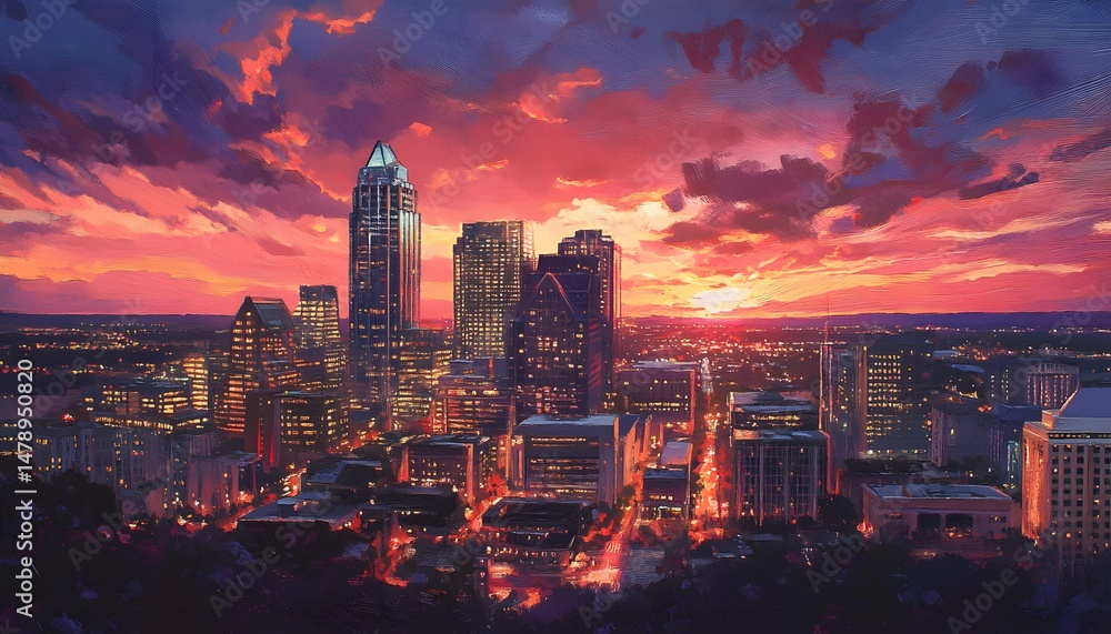 Fototapeta premium Vibrant city skyline at sunset, illuminated by warm hues.