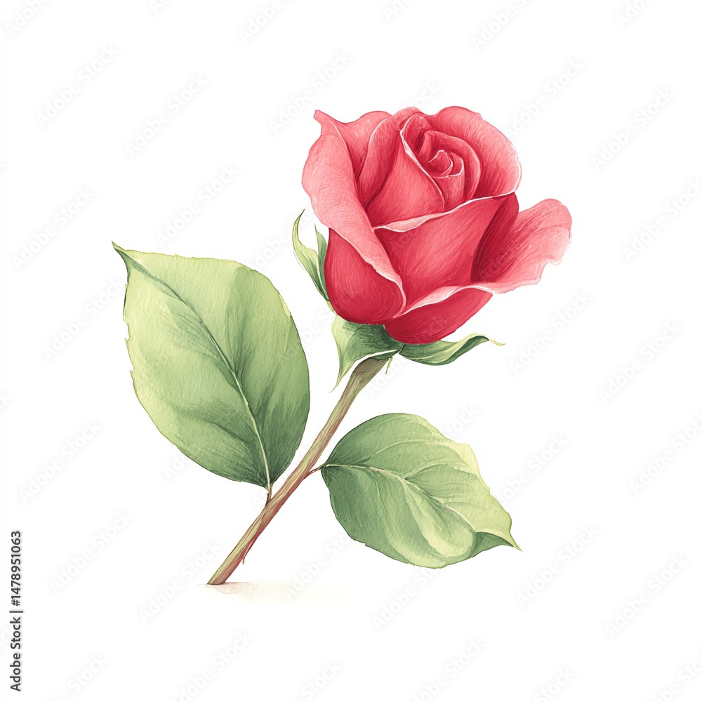 Fototapeta premium A Delicate Watercolor Rose, Softly Painted, with Lush Green Leaves Against a Pristine White Background