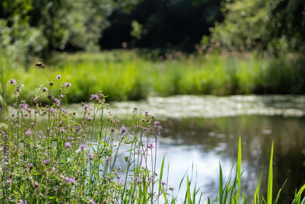 Lush, tranquil pond bordered by vibrant wildflowers. Lush, tranquil pond bordered by vibrant wildflowers.