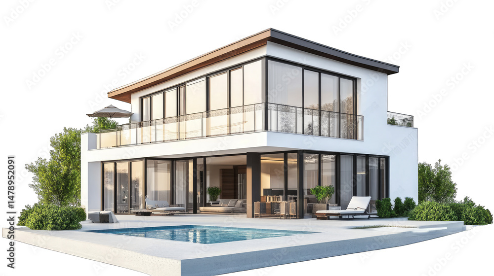 Fototapeta premium Modern Two-story House With Swimming Pool And Large Windows Set Against A Transparent Background The Home Has A Contemporary Design With A Flat Roof A Large Balcony And A Spacious Patio The Pool Is Su
