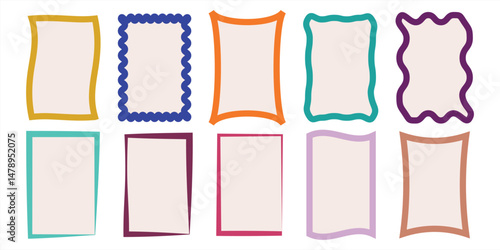 Playful Doodle Frame Border Vector Set. Colorful Wavy Rectangle Shapes. Fun Cartoon Wiggly Picture Frames. Groovy 60s Inspired Text Frame Collection