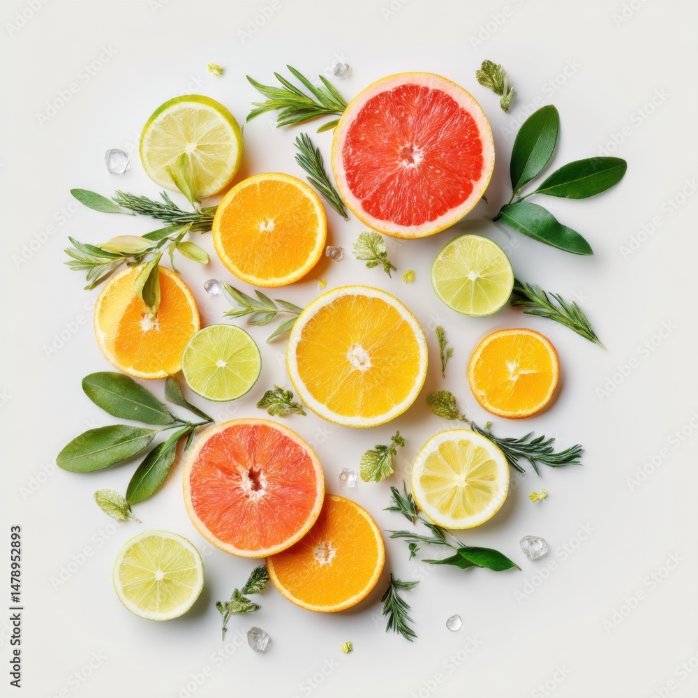 Fresh citrus fruits and herbs arranged artistically on a light background during the day Fresh citrus fruits and herbs arranged artistically on a light background during the day