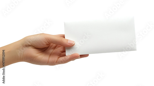 A female hand is holding a blank envelope, showing a message or letter for communication with copy space isolated on PNG background.