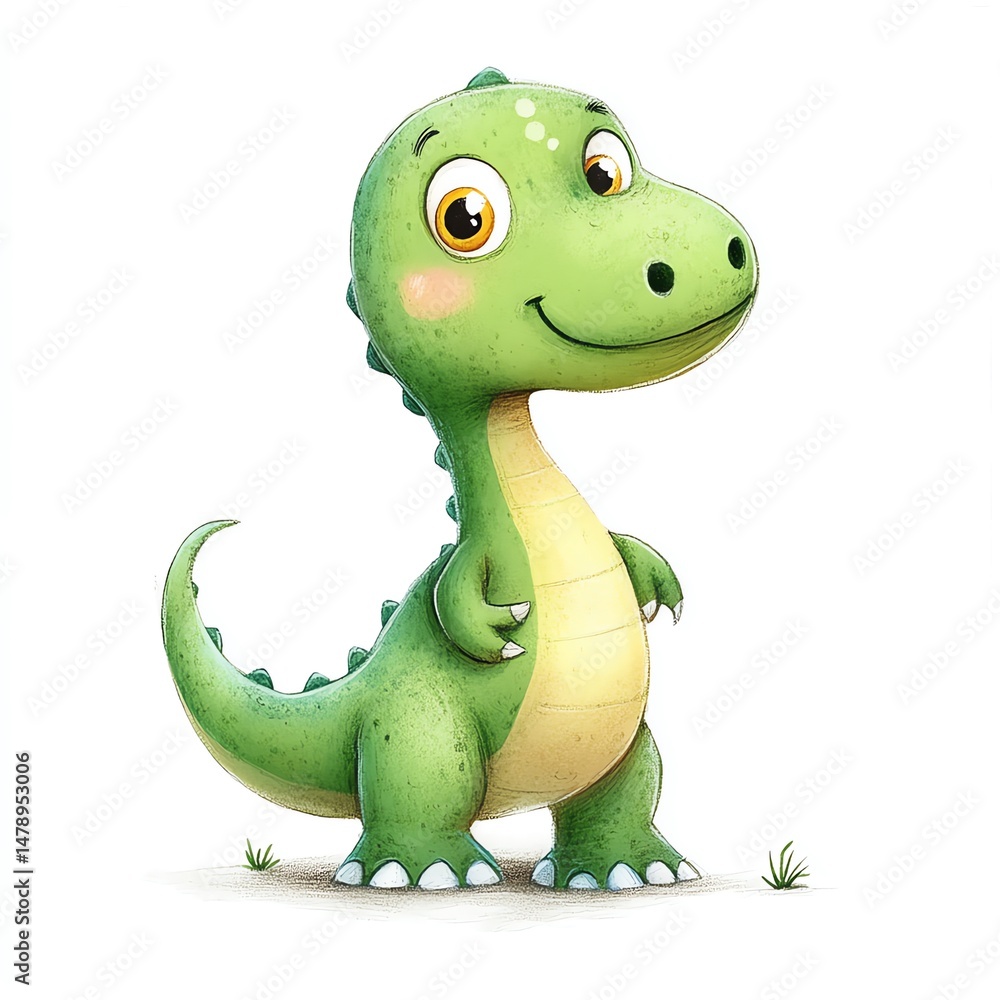 Fototapeta premium Adorable Baby Dinosaur Illustration, Joyful and Playful Green Reptile Character