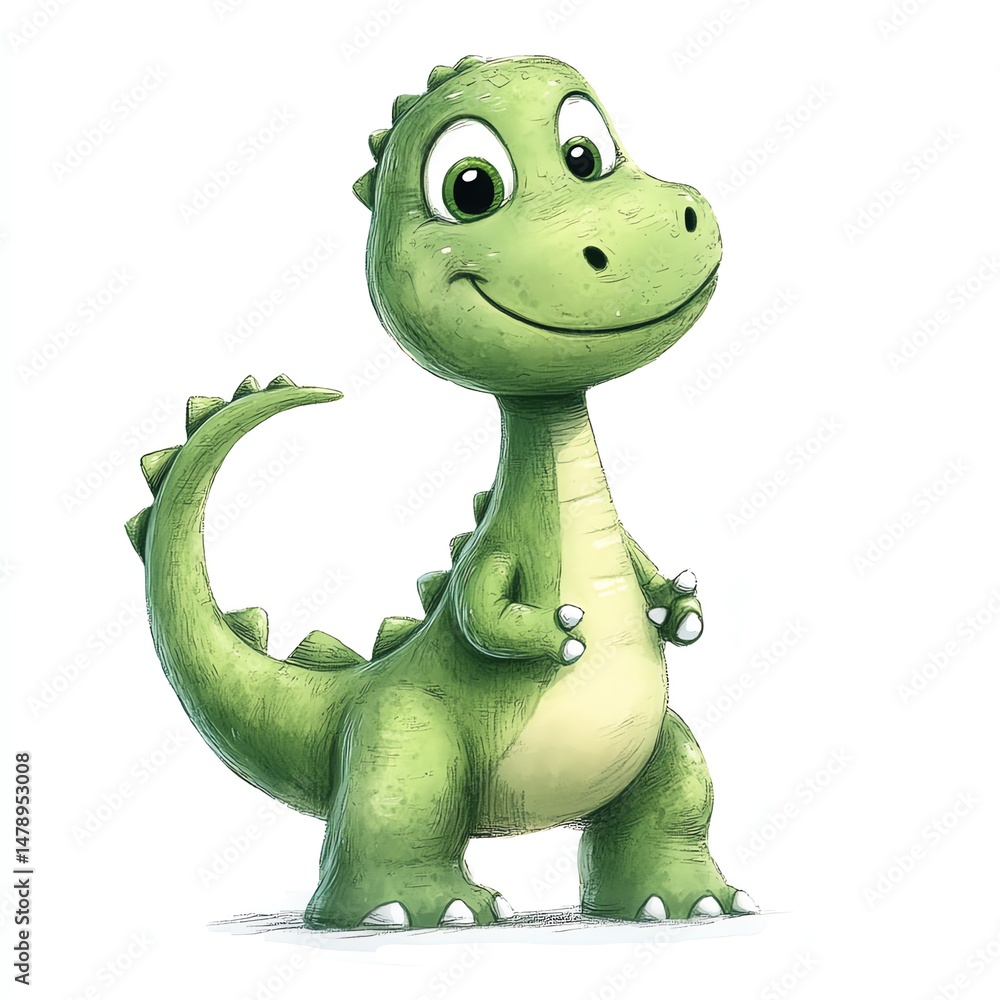 Fototapeta premium A Friendly Green Dinosaur Smiles Sweetly, Standing Against a White Background. Its posture is calm and inviting, evoking a sense of childlike wonder and joy.