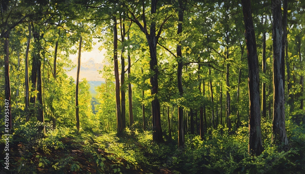 Obraz premium Lush forest canopy bathed in golden sunlight.