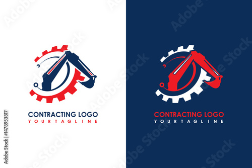 Contracting logo with excavator arm and gear in dynamic red, white, and blue design for construction and industrial businesses
