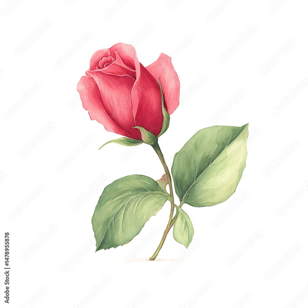 Obraz premium Watercolor Rosebud Delicate Pink Petals and Lush Green Leaves Against a Pristine White Background