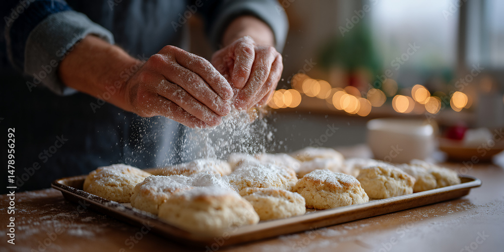 Fototapeta premium A person sprinkles flour over freshly baked biscuits on a tray in a cozy kitchen with warm lighting.