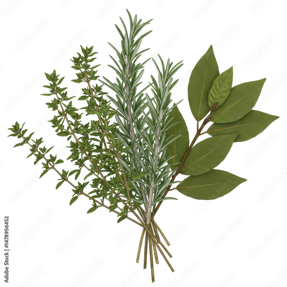 Obraz premium Fresh bundle of thyme, rosemary, and bay leaves is arranged on a black background